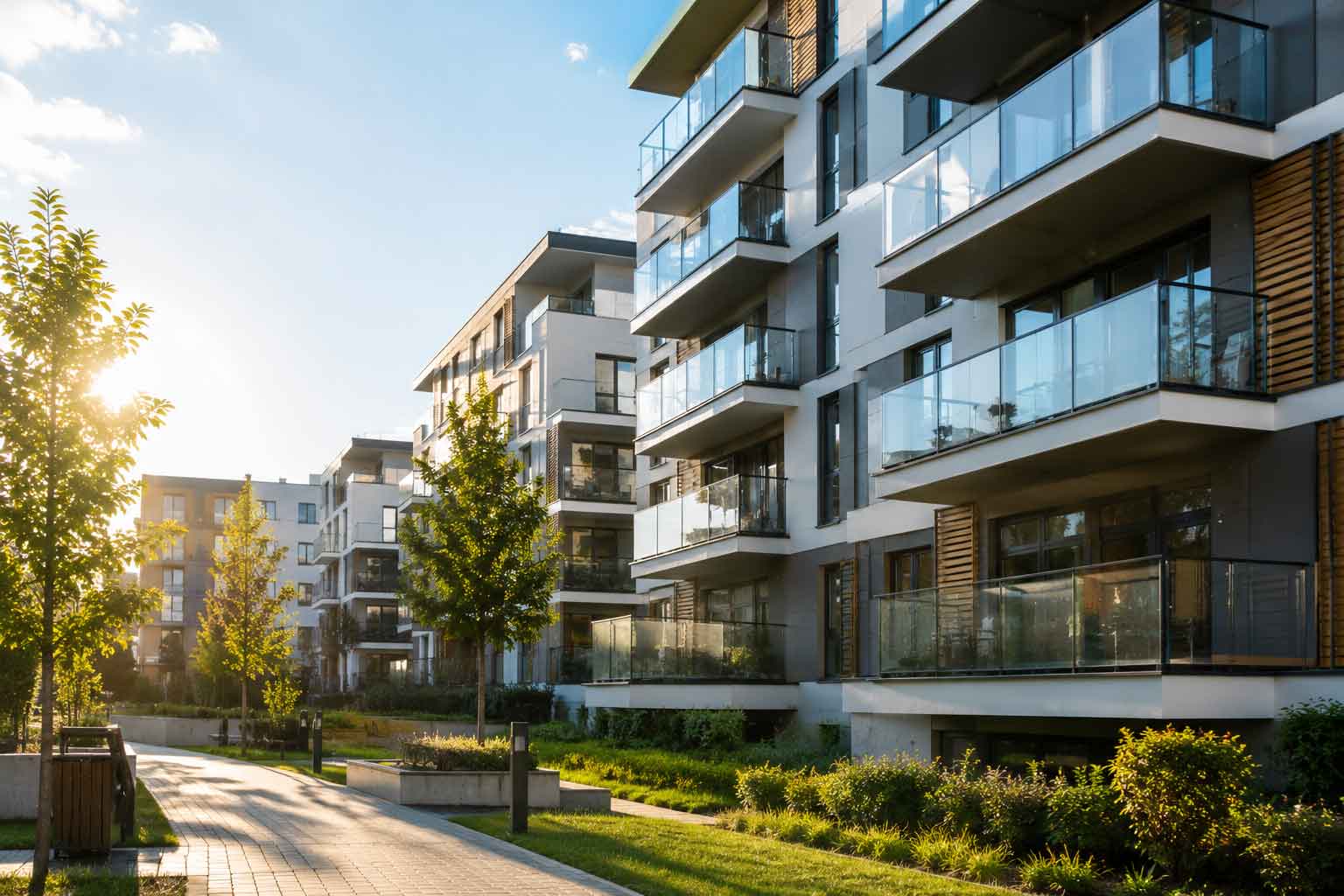 Modern multi-residential apartment building designed for efficient domestic hot water distribution