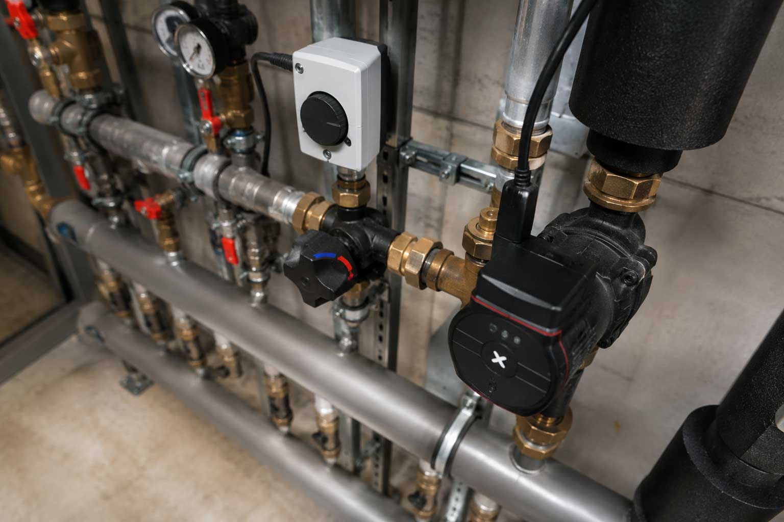 Close-up of a hydronic mixing circuit used for precise HVAC temperature control