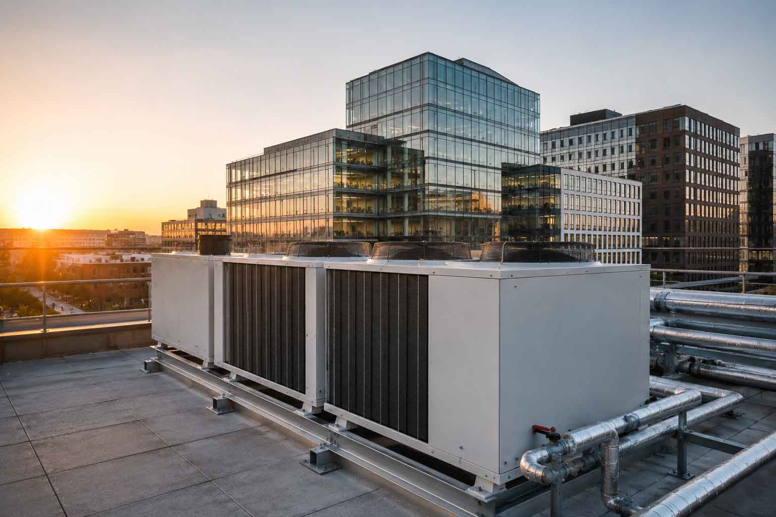 Commercial building with rooftop heat pump units supporting energy-efficient HVAC control