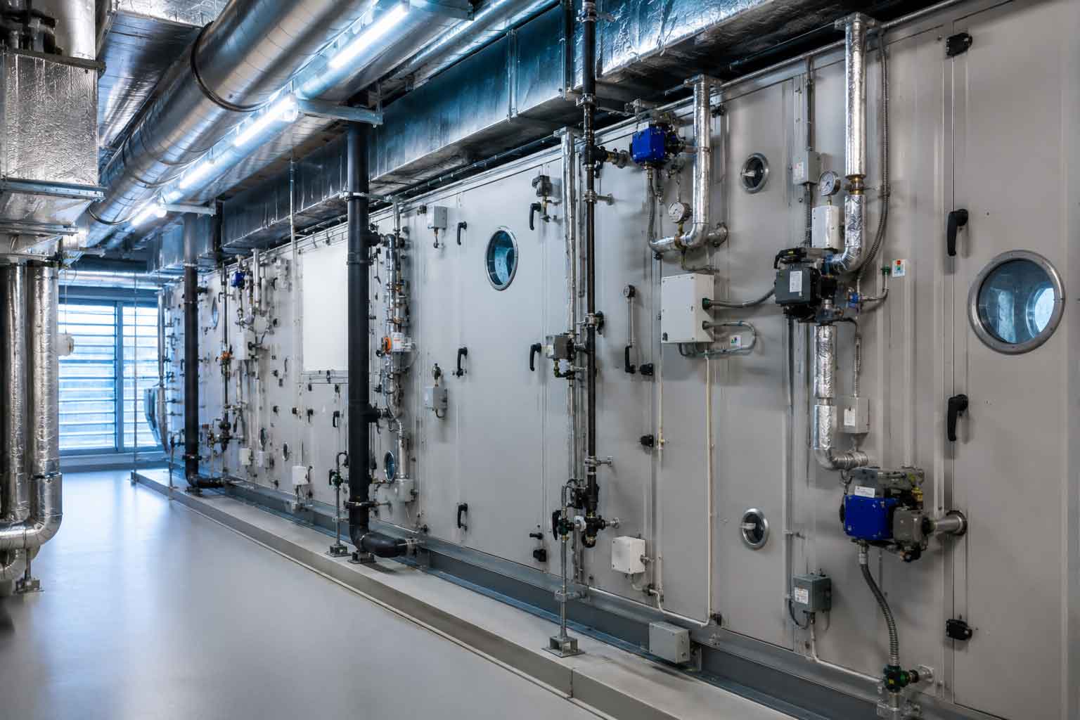 Air handling unit in a commercial HVAC system designed for variable flow operation