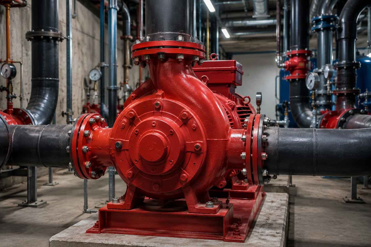 Large centrifugal circulation pump in a commercial hydronic HVAC system