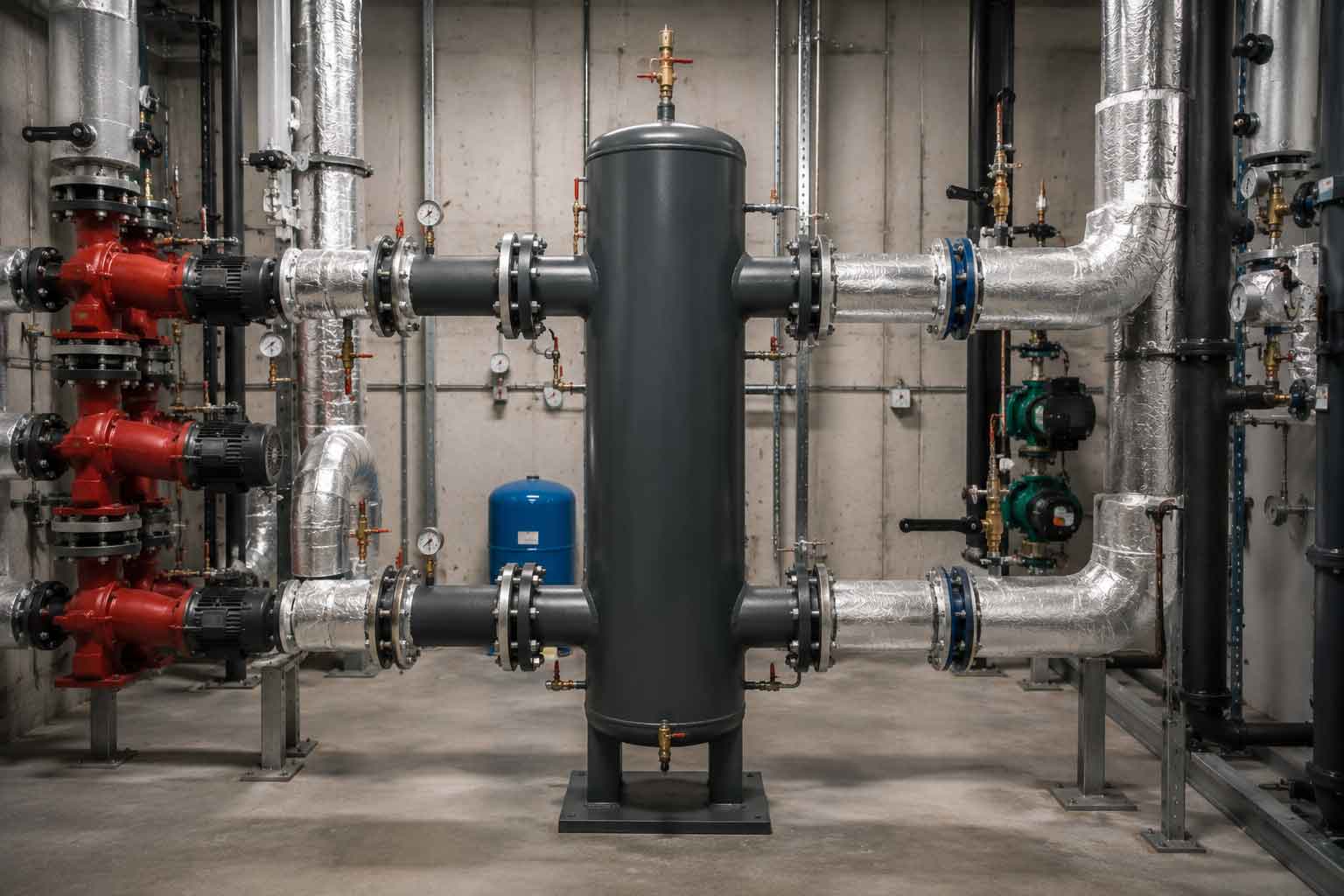 Hydraulic separator connecting primary and secondary circuits in a commercial hydronic HVAC system