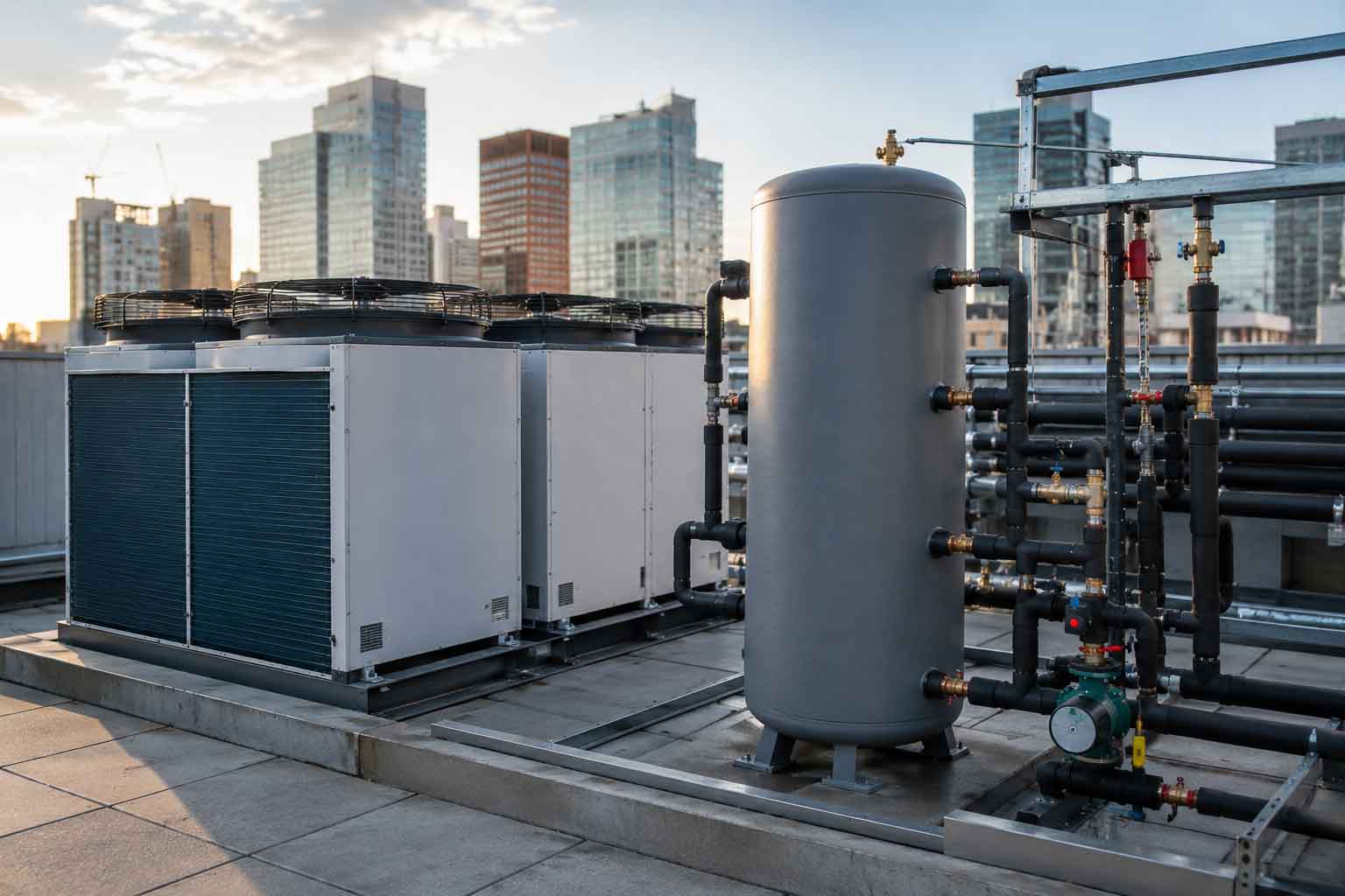 Buffer tank connected to a commercial heat pump system on a rooftop plant installation
