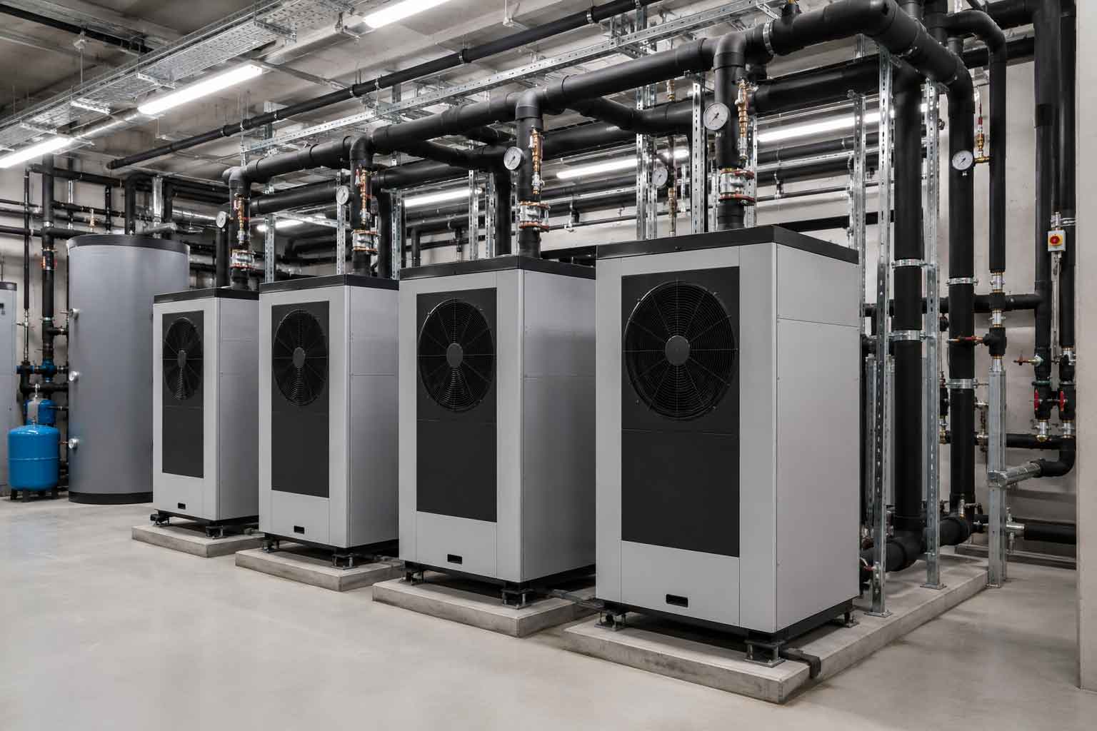 Multiple heat pumps operating in cascade configuration within a commercial energy centre