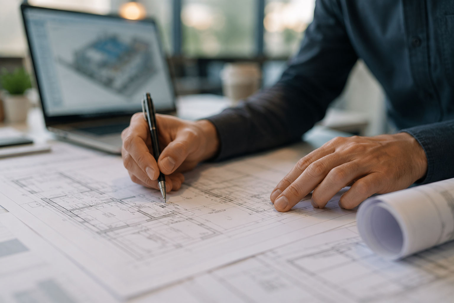 HVAC engineer reviewing building plans during the system design and simulation process