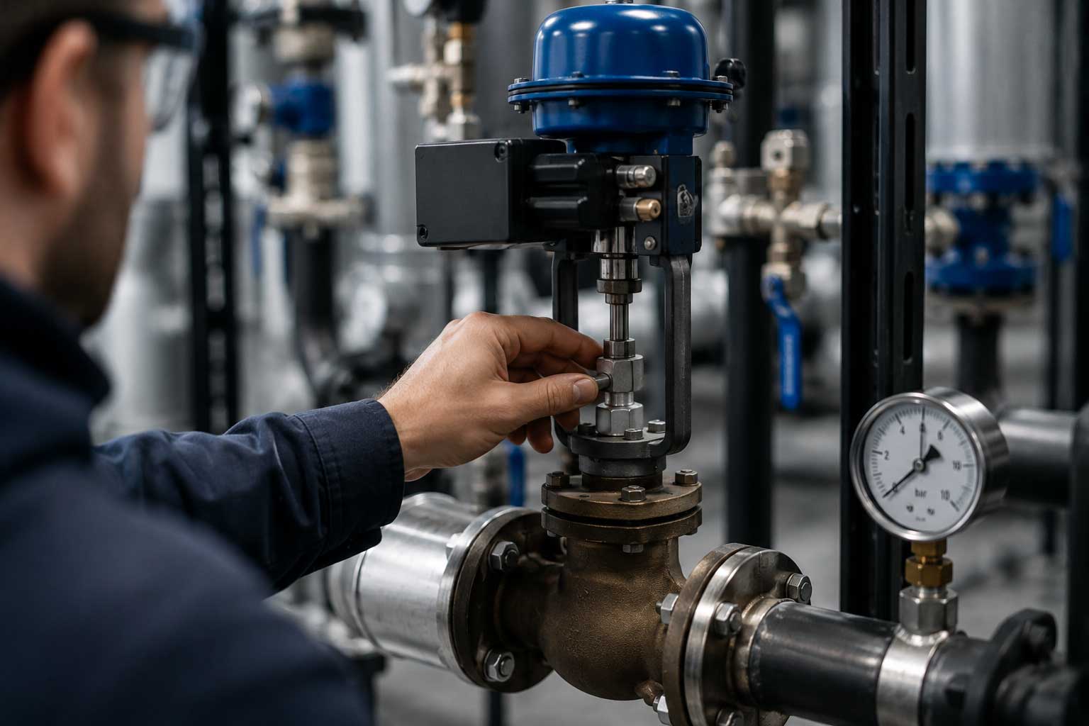 Engineer adjusting a control valve in a commercial hydronic HVAC system