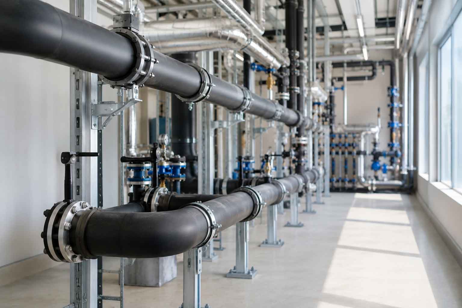 Large hydronic pipe network in a commercial HVAC system designed for efficient water distribution