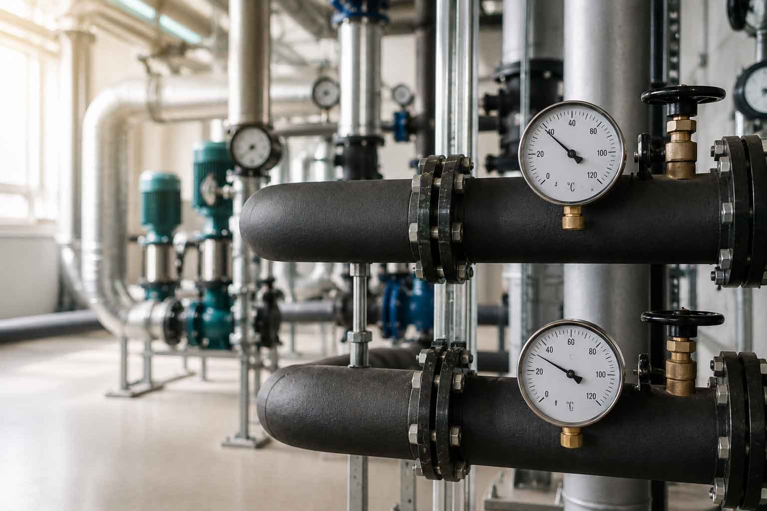 Supply and return pipes in a commercial HVAC system illustrating temperature difference across a hydronic circuit