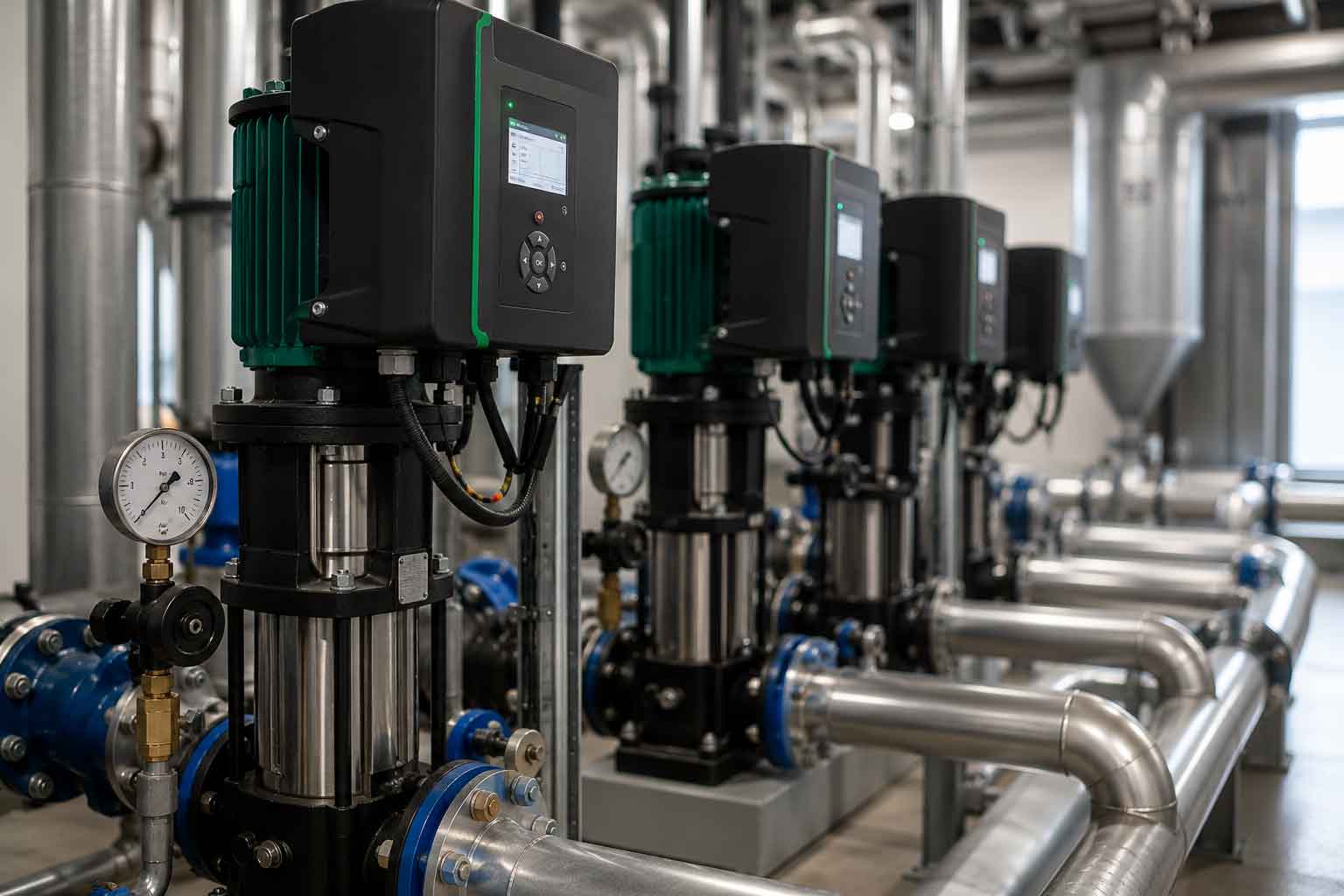 Variable-speed circulation pumps in a commercial HVAC system optimising flow and energy performance