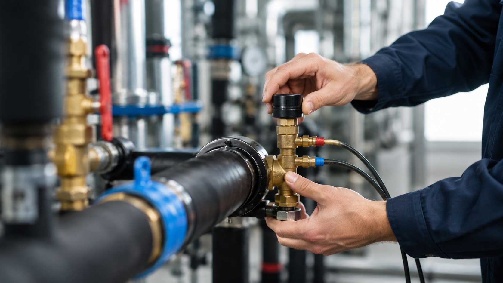 HVAC technician adjusting a hydronic balancing valve during system commissioning