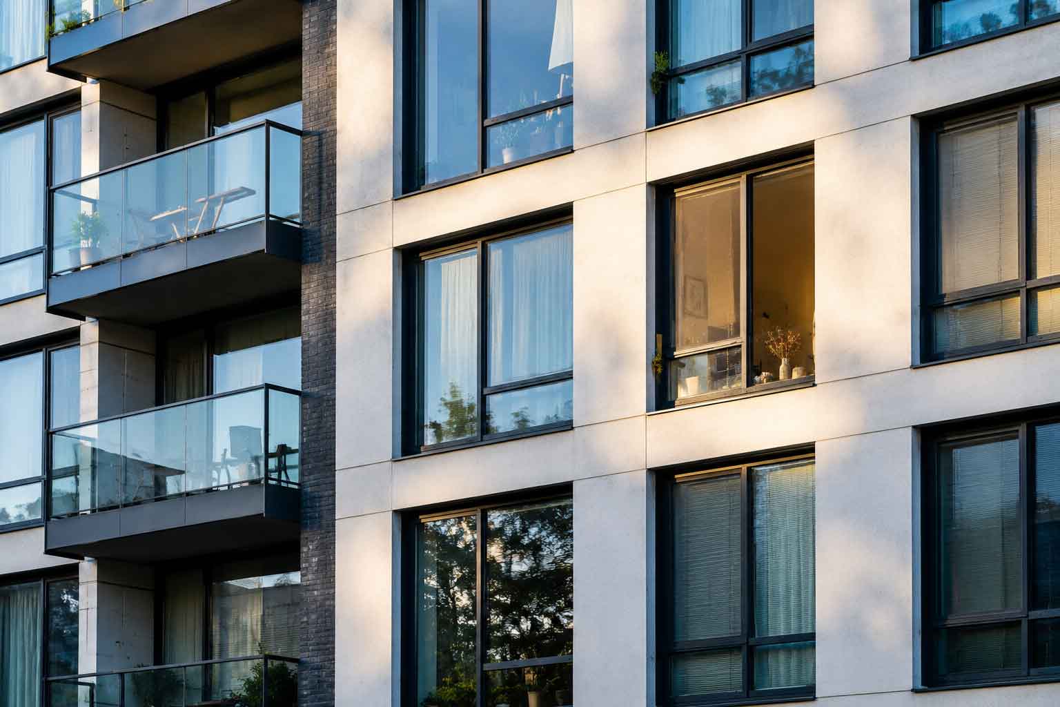 Modern apartment building facade with varying solar exposure across residential units