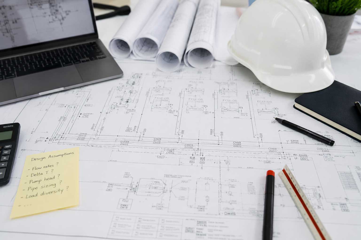 HVAC engineer evaluating design assumptions in a hydronic system design process