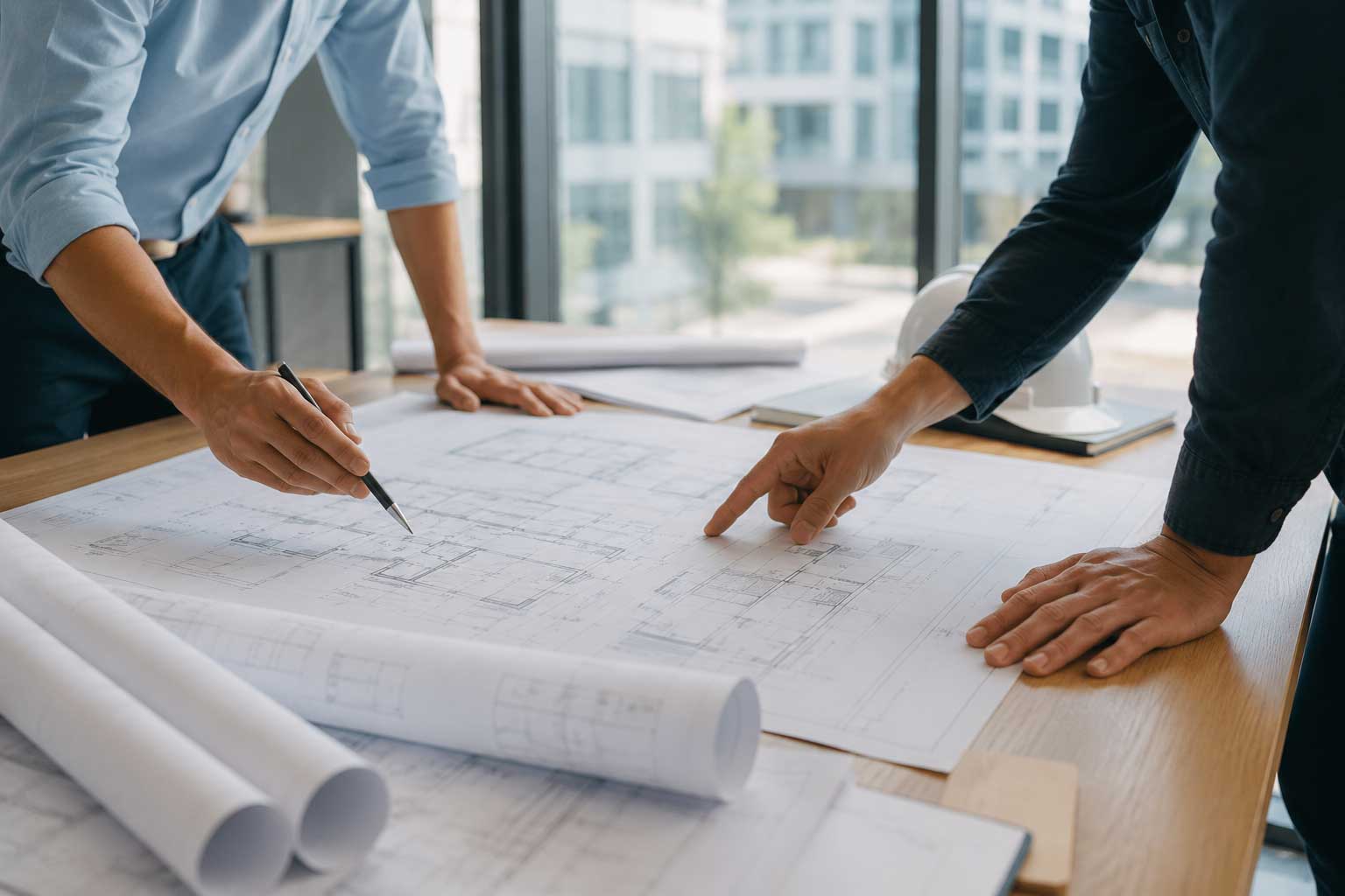 HVAC engineers reviewing building plans during coordination between BIM and calculation models