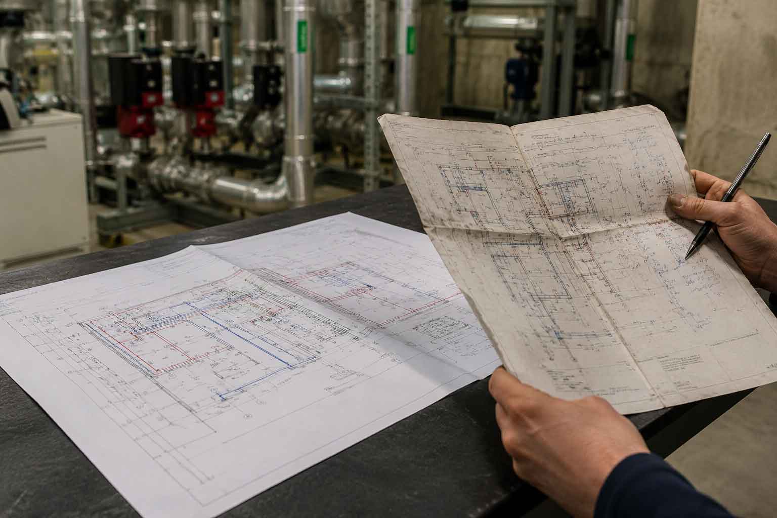 Technician comparing hydronic HVAC installation with original design documentation during site verification