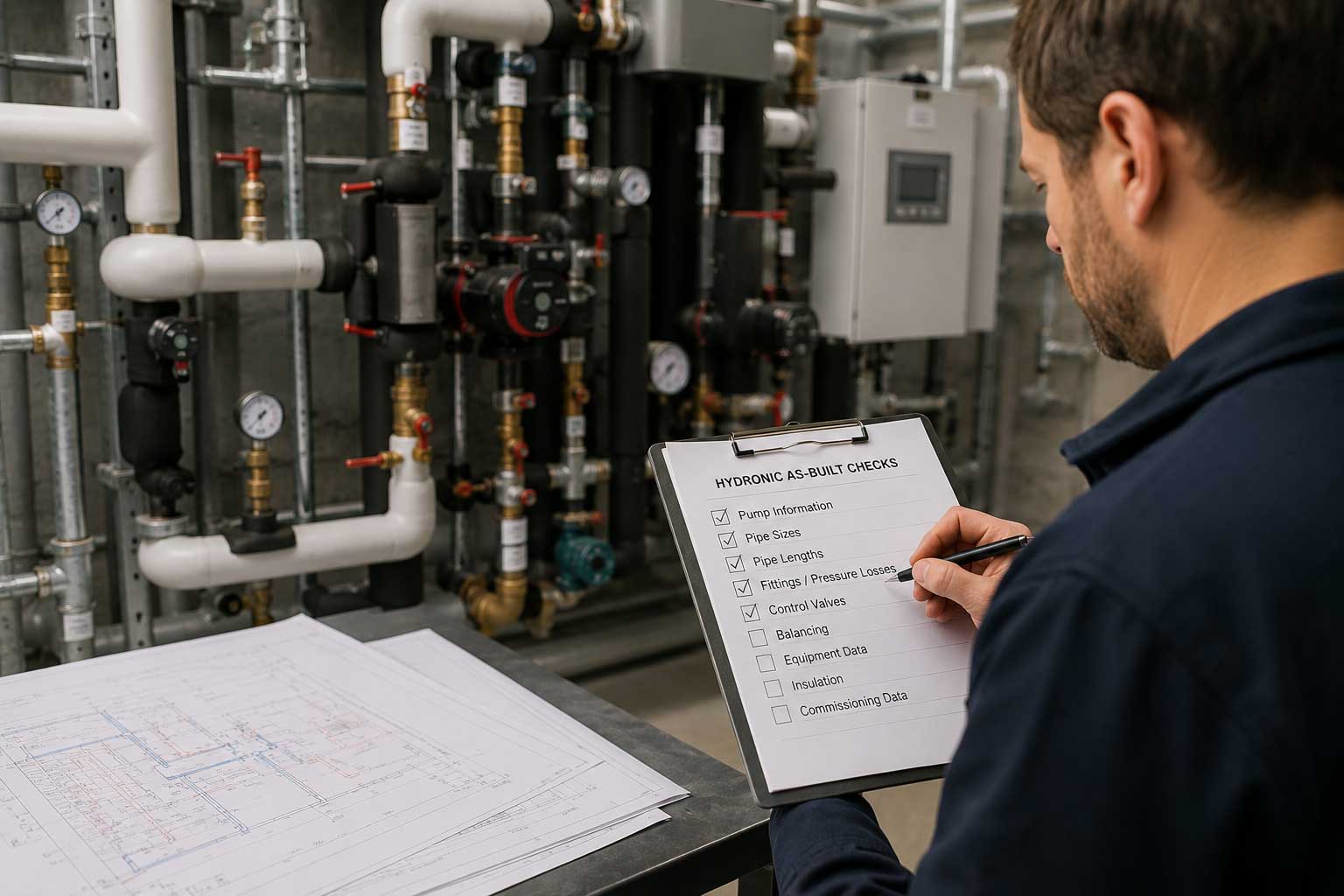 Technician verifying a hydronic HVAC installation against engineering calculations during an as-built inspection