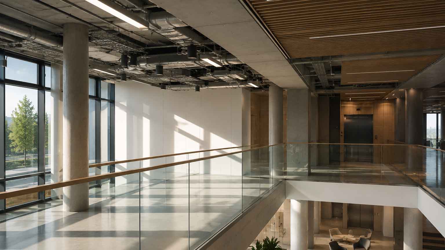 Modern commercial building environment where HVAC load models must remain aligned with BIM updates throughout design development