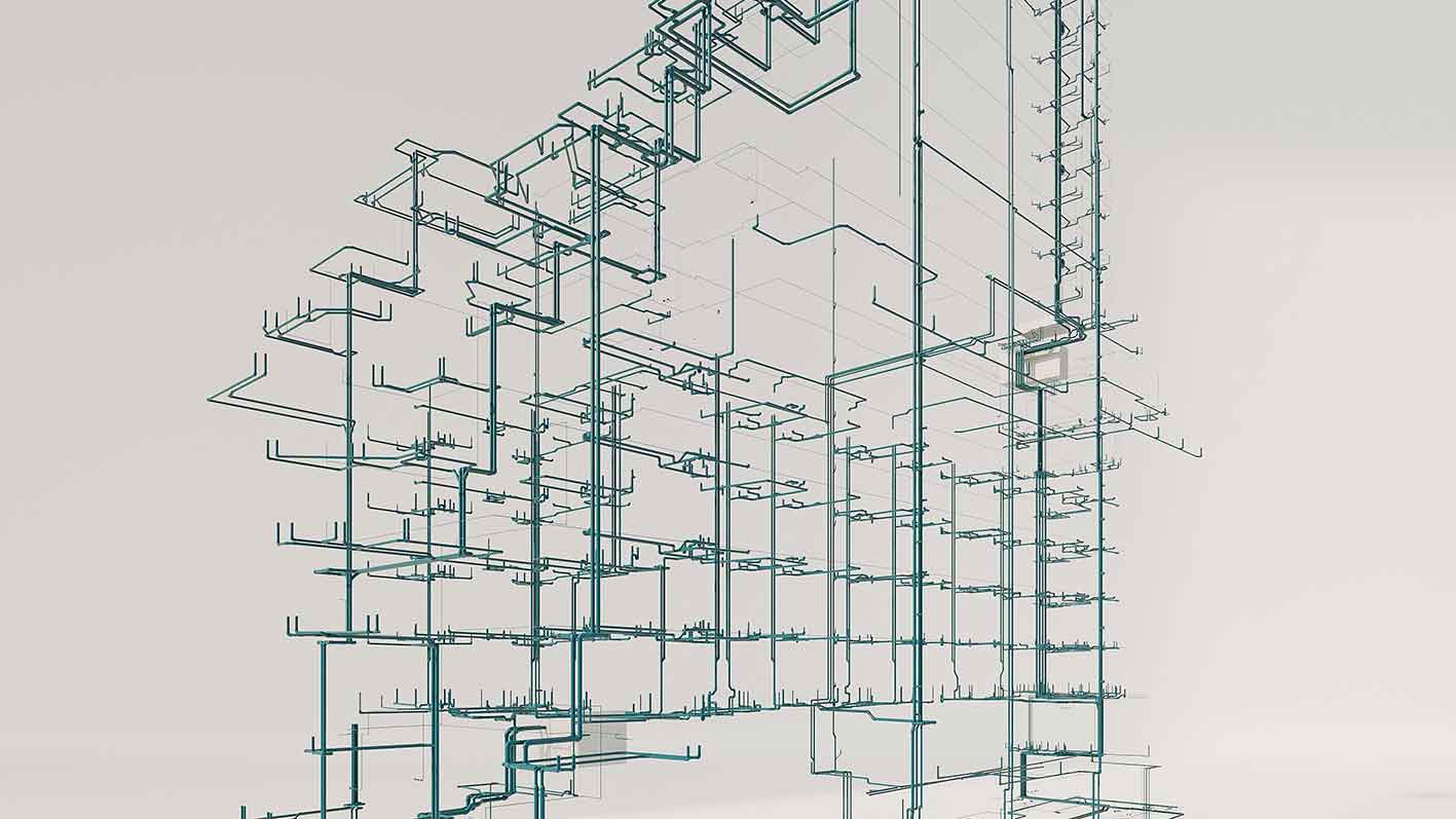 Integrated BIM model showing coordinated hydronic HVAC system design across a multi-storey building