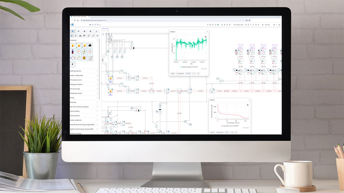 Hysopt Simulator displaying a hydronic HVAC system model with simulation graphs used to analyse commissioning drift and system performance.