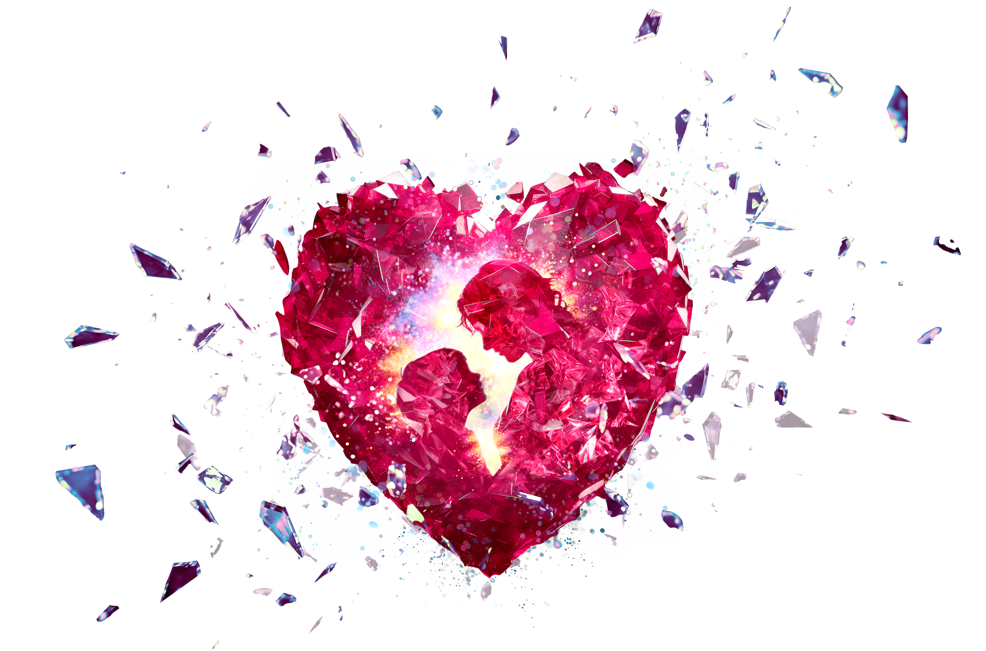 Red crystal heart shattering with silhouetted couple facing each other inside glowing center.