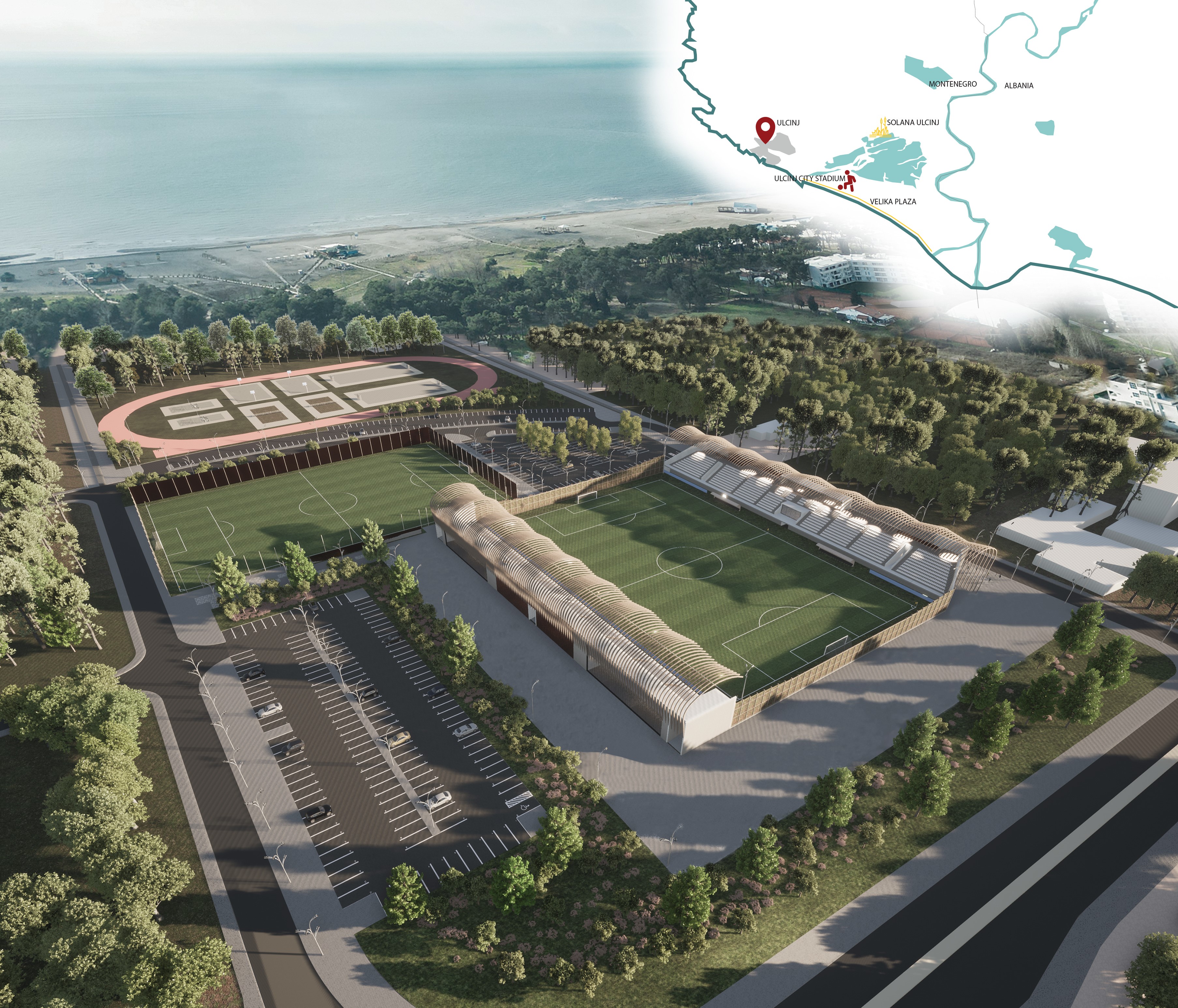 Concorso per la realizzazione dello Stadio e di un'area sportiva nella città di Ulcinj prospicente la costa. Il disegno del nuovo stadio è stato condizionato dalla forte connotazione naturalistica del territorio, conservando il litorale e il sistema boschivo riqualificandolo e valorizzandolo tramite percorsi pedonali, aree di sosta e di gioco. Il tutto progettato nel rispetto del paesaggio circostante e disegnato riprendendo le linee della fascia costiera adriatica.