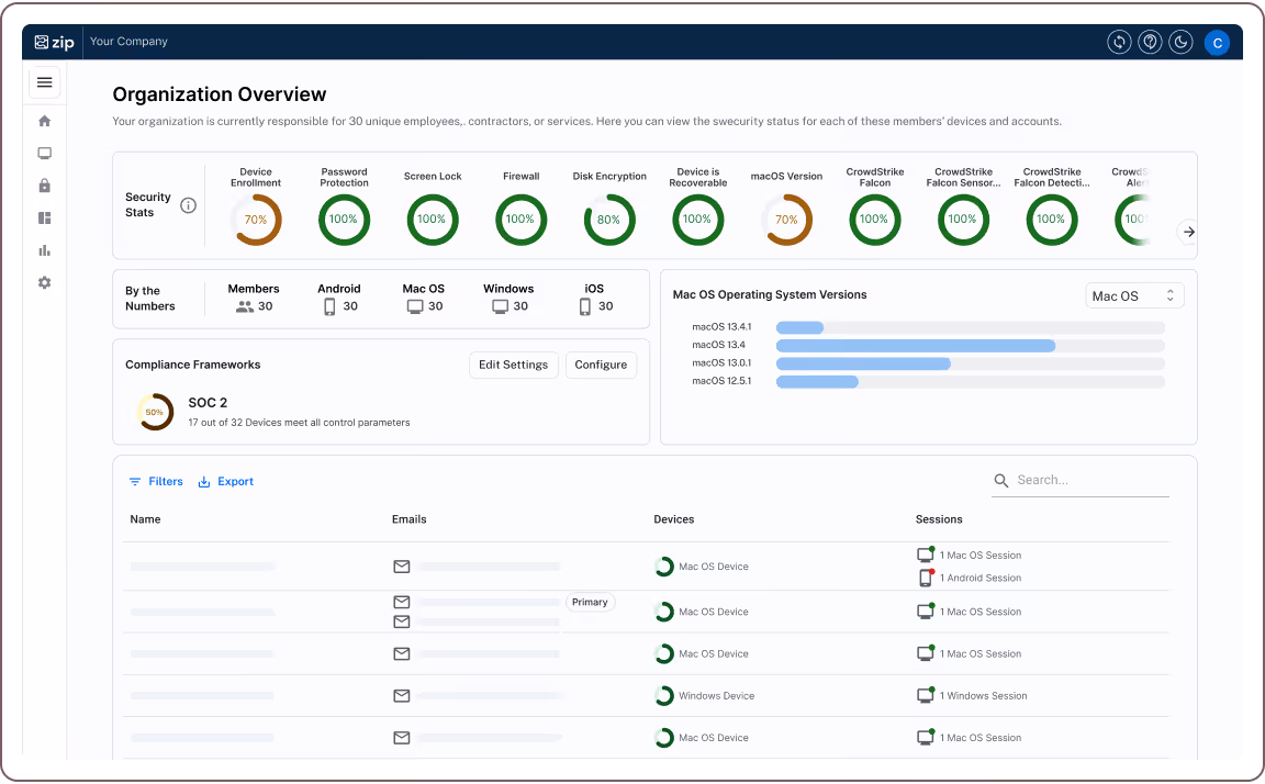 Zip app featuring the overview page