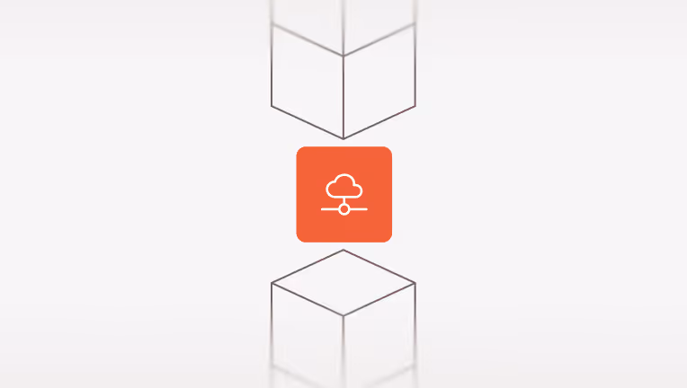 Orange square icon with a white cloud connected to a network node, positioned between two transparent geometric cubes.