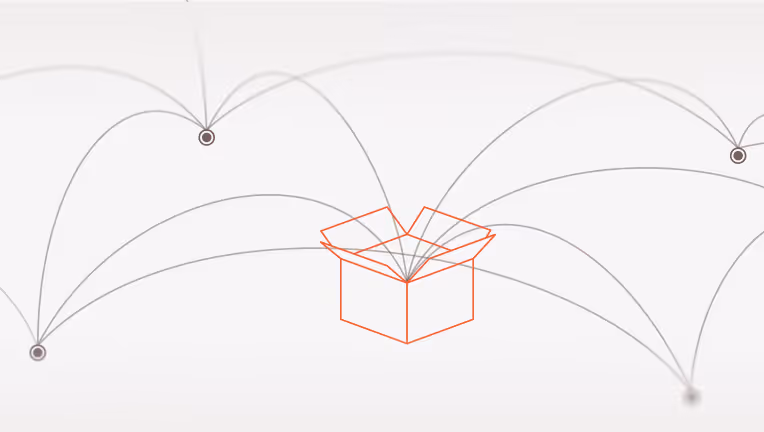 Red outline of an open box connected by multiple curved lines to various points, representing network or data connections.