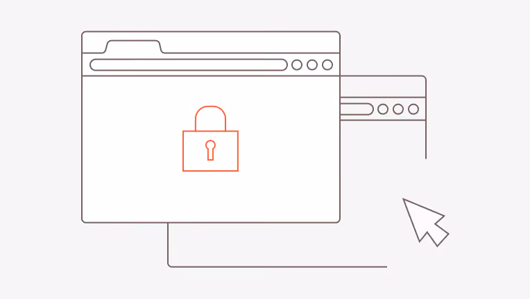 Two overlapping web browser windows with a red padlock icon on the front window and a large cursor pointer to the right.