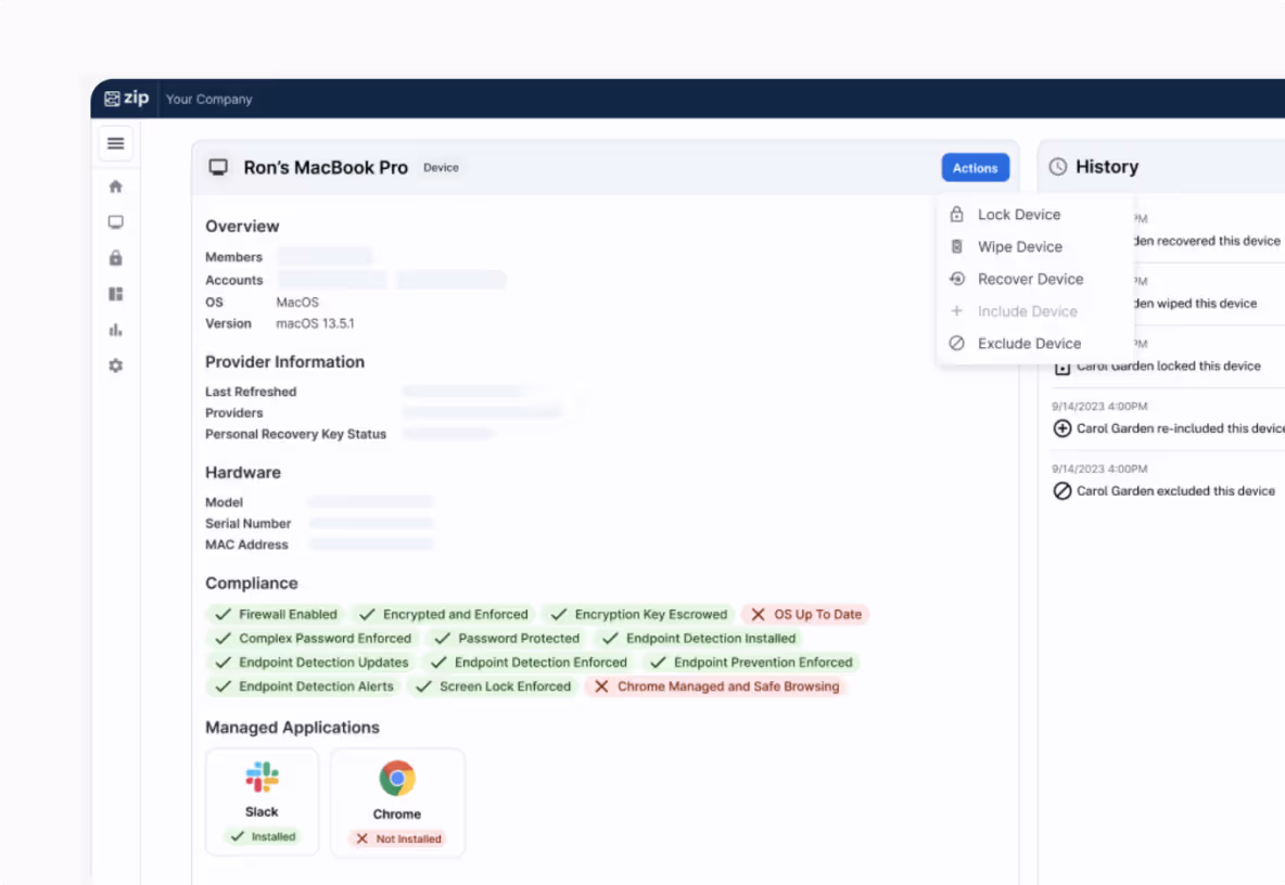 Dashboard for Ron’s MacBook Pro showing device overview, compliance status with multiple security checks mostly enabled, and managed applications Slack installed and Chrome not installed.