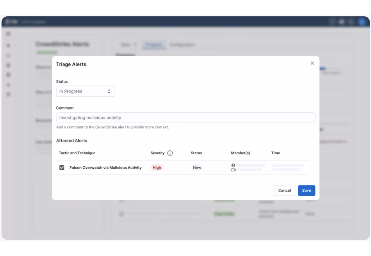 Triage Alerts window showing status set to In Progress, a comment field with 'Investigating malicious activity', and an affected alert for Falcon Overwatch marked as high severity and new status.