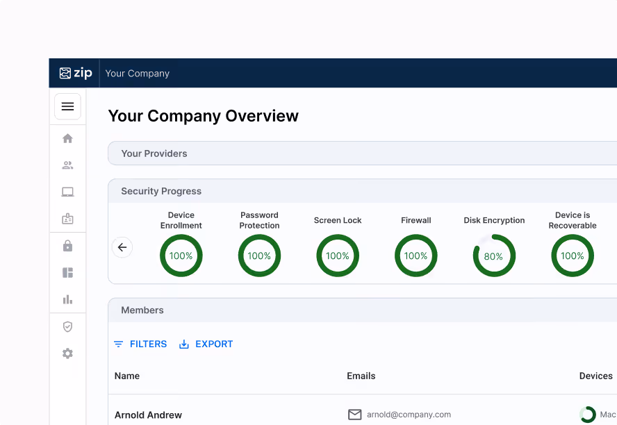 Dashboard for Ron’s MacBook Pro showing device overview, compliance status with multiple security checks mostly enabled, and managed applications Slack installed and Chrome not installed.