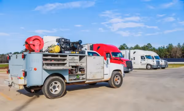 Mobile diesel mechanic performing air compressor repair onsite.