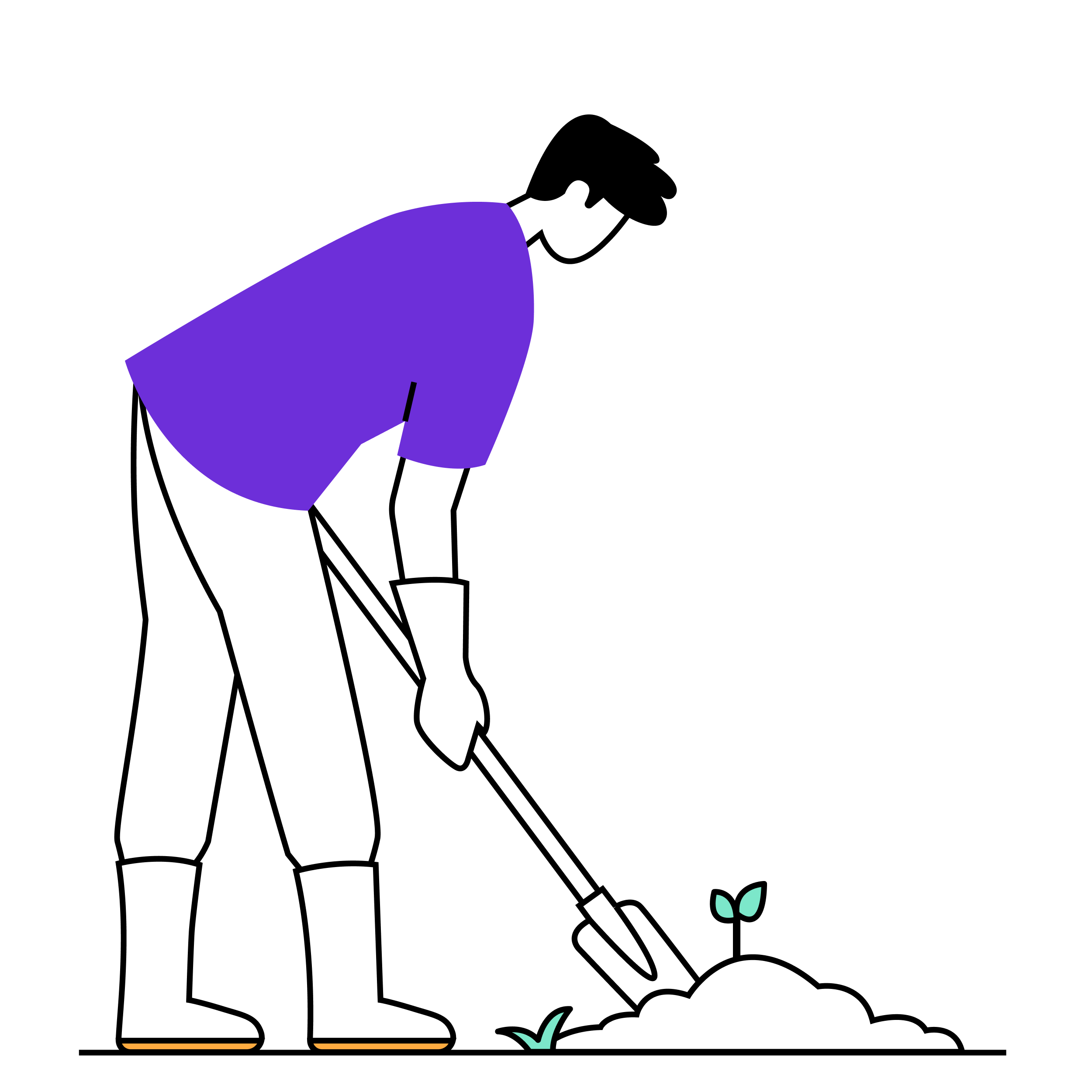 Illustration of a person wearing a purple shirt and white pants digging soil with a spade.