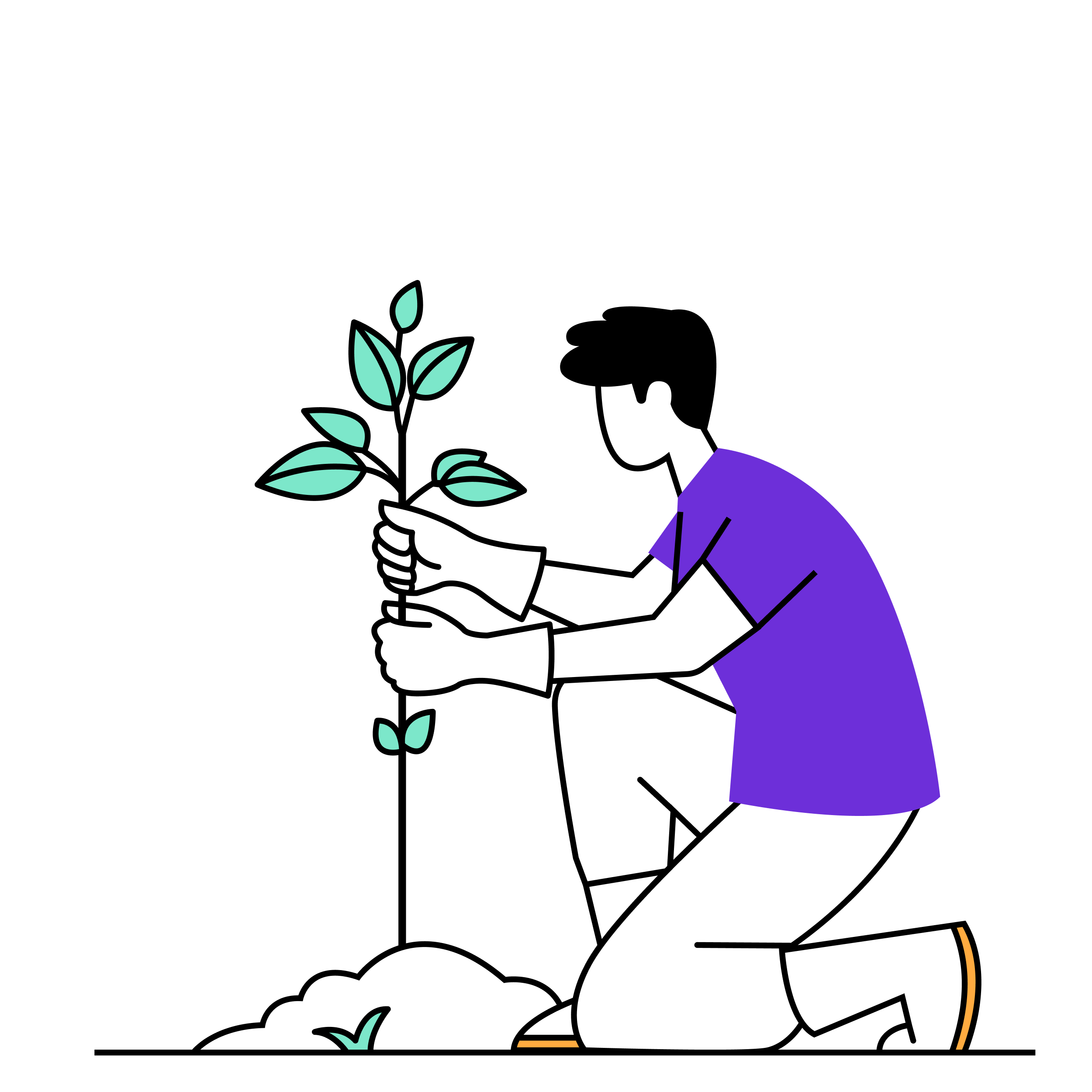 Illustration of a person kneeling and holding a small green plant with leaves.
