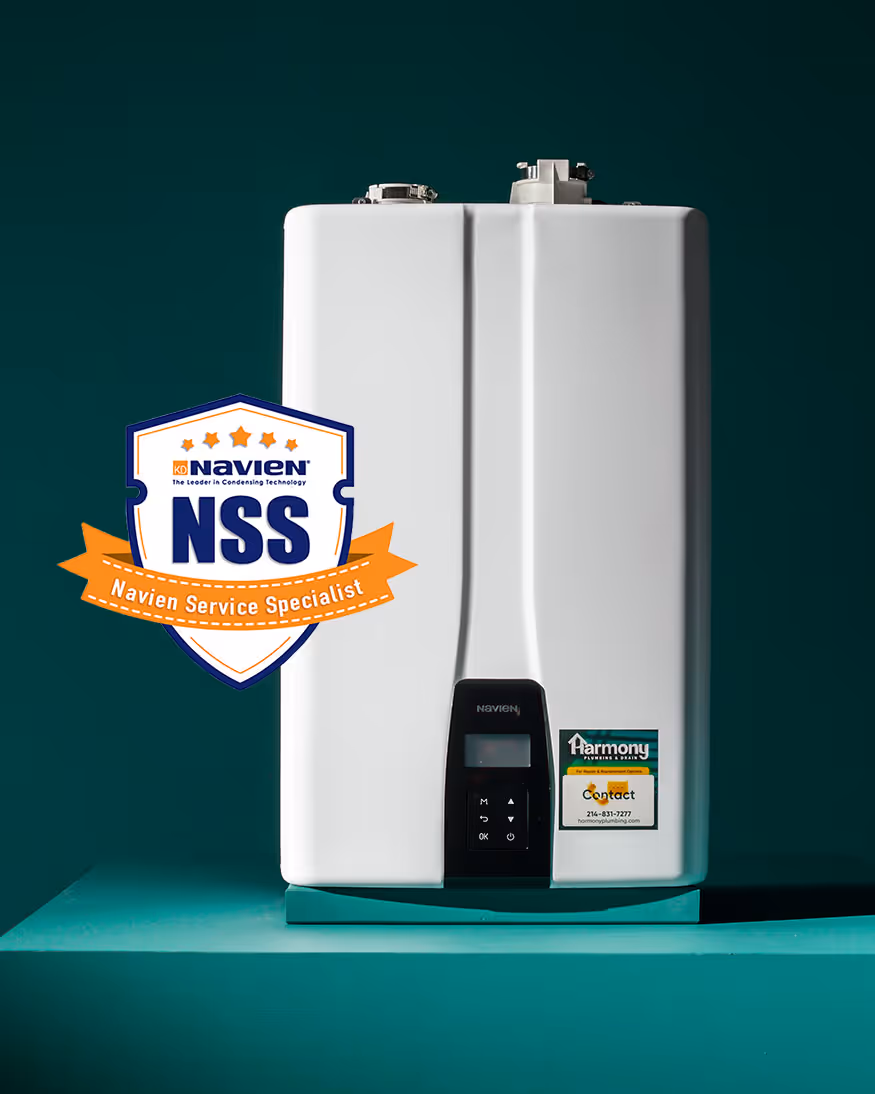 A Navien tankless water heater with the Navien Service Specialist certification badge.