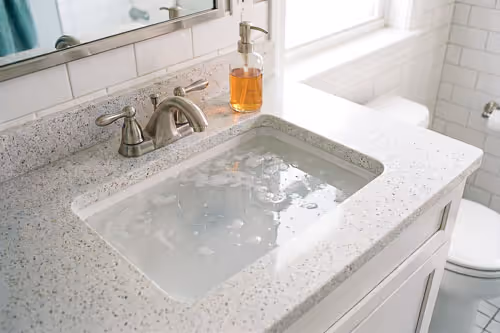 Bathroom sink filled with water overflowing onto the countertop, indicating a clog.