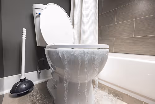 Toilet overflowing with water spilling onto the bathroom floor, next to a plunger.