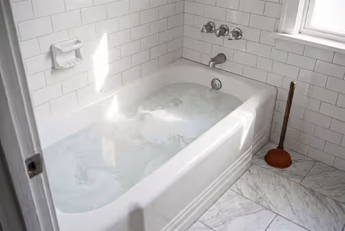 Bathtub filled with cloudy water in a white tiled bathroom with a plunger on the floor.