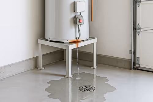 Water leaking from the bottom of a water heater, pooling on a concrete floor near a floor drain.