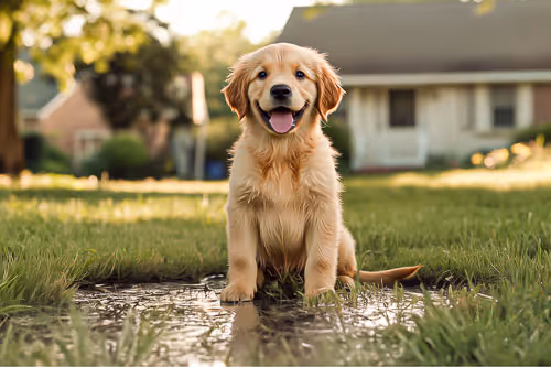 Happy golden retriever puppy sitting in a muddy puddle on green grass in a backyard.