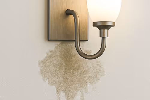 Wall-mounted light fixture above a water stain on the wall indicating a leak.