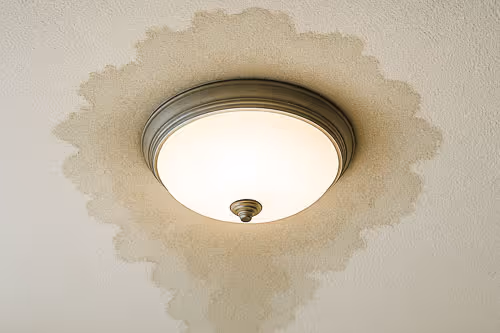 Ceiling light fixture surrounded by a large water stain indicating a ceiling leak.