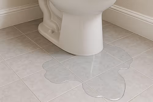Water pooling on tiled bathroom floor around the base of a white toilet, indicating a leak.