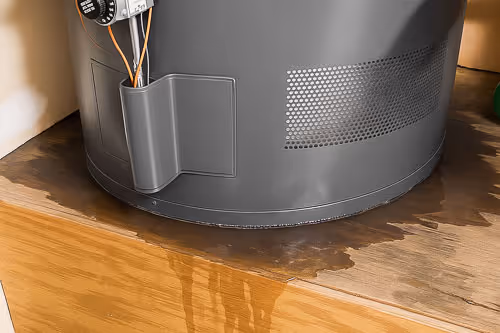 Water dripping from a corroded copper pipe under a wooden floor, forming a small puddle on dirt ground.