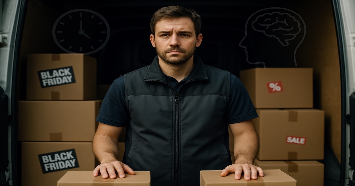 Sichtlich erschöpfter Paketbote steht im offenen Lieferwagen vor vielen Black-Friday-Paketen; im Hintergrund sind Uhr- und Gehirn-Symbole als Zeichen für Zeitdruck und mentalen Stress zu sehen.