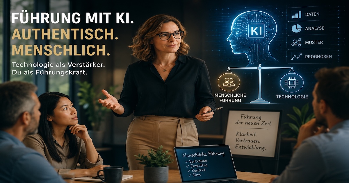 KI-gestützte Führungssituation mit Führungskraft im Teammeeting, digitaler Analyse-Oberfläche und Balance zwischen menschlicher Führung und Technologie.