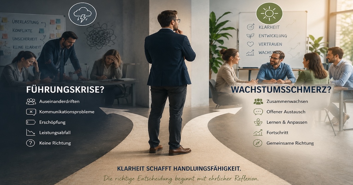 Nachdenkliche Führungskraft an einer symbolischen Weggabelung zwischen Führungskrise und Wachstum, mit Teamdynamik, Reflexion und Klarheit im modernen Büro.