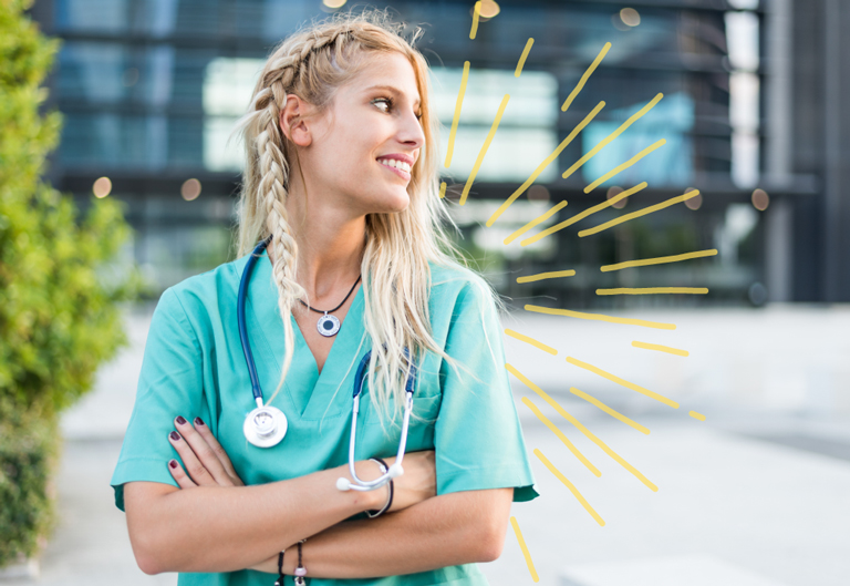Young nurse staring to the left with a sunburst behind her.