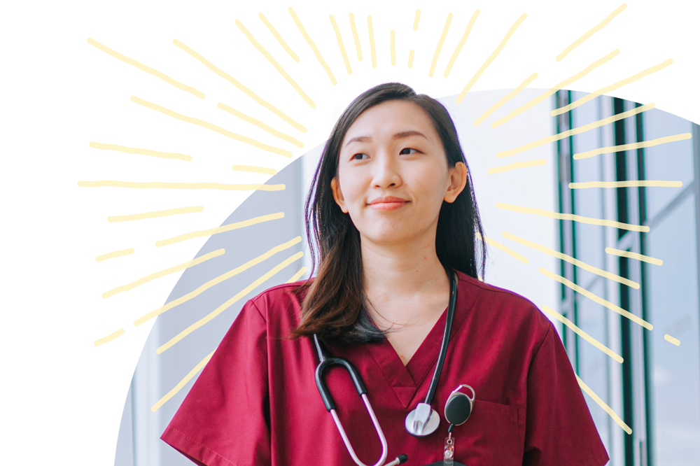 Confident nurse with a sunburst behind her. 