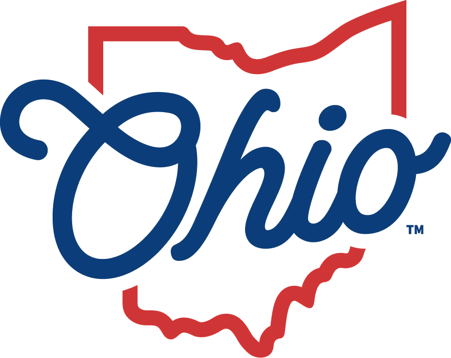 Ohio state logo with stylized text in blue outline of state in red